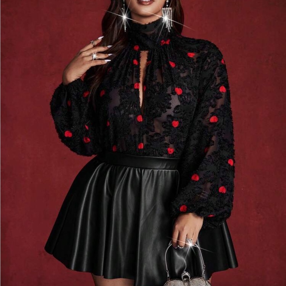 Luxe Plus Size Elegant Cutout Heart Embroidery Collar Top Blouse Shirt
